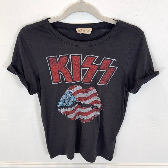 Hollister KISS Band American Flag Lips Graphic T Shirt Charcole Black Medium - Picture 6 of 7